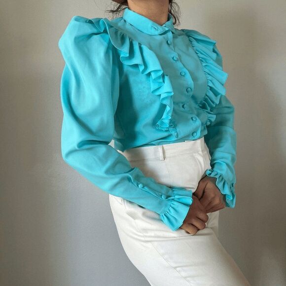 vtg 70s western button blouse large ruffle collared puff sleeves victorian small - Picture 10 of 10
